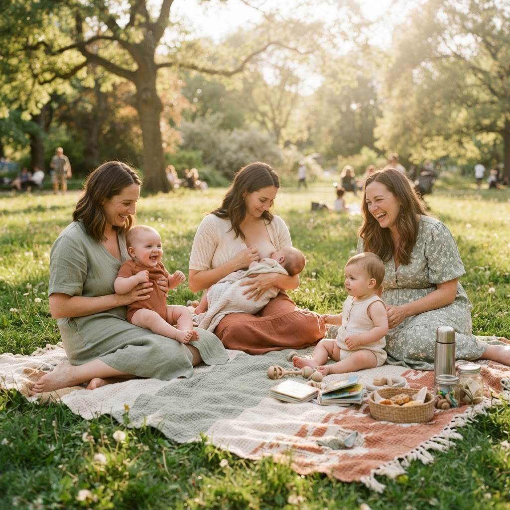 Madres y bebés descansando en una manta en el parque
