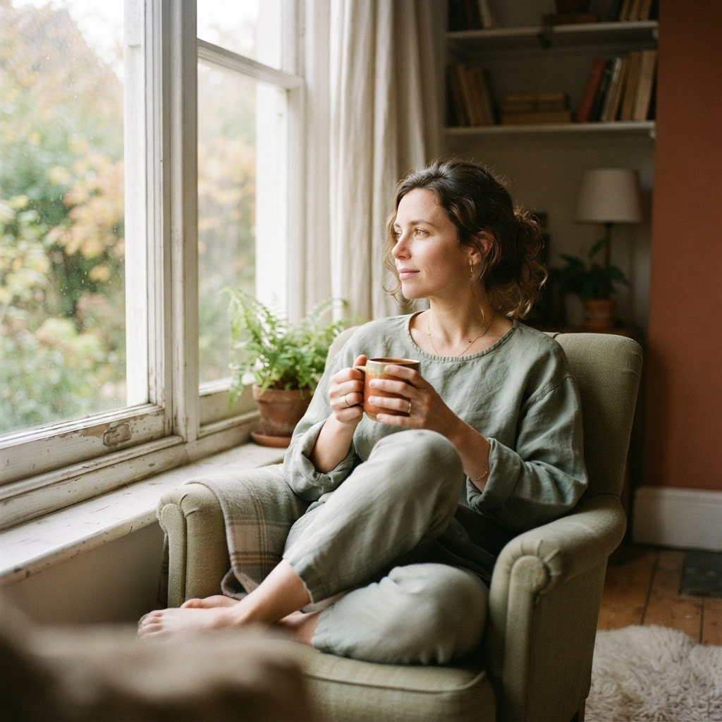 Madre disfrutando de un momento tranquilo junto a la ventana