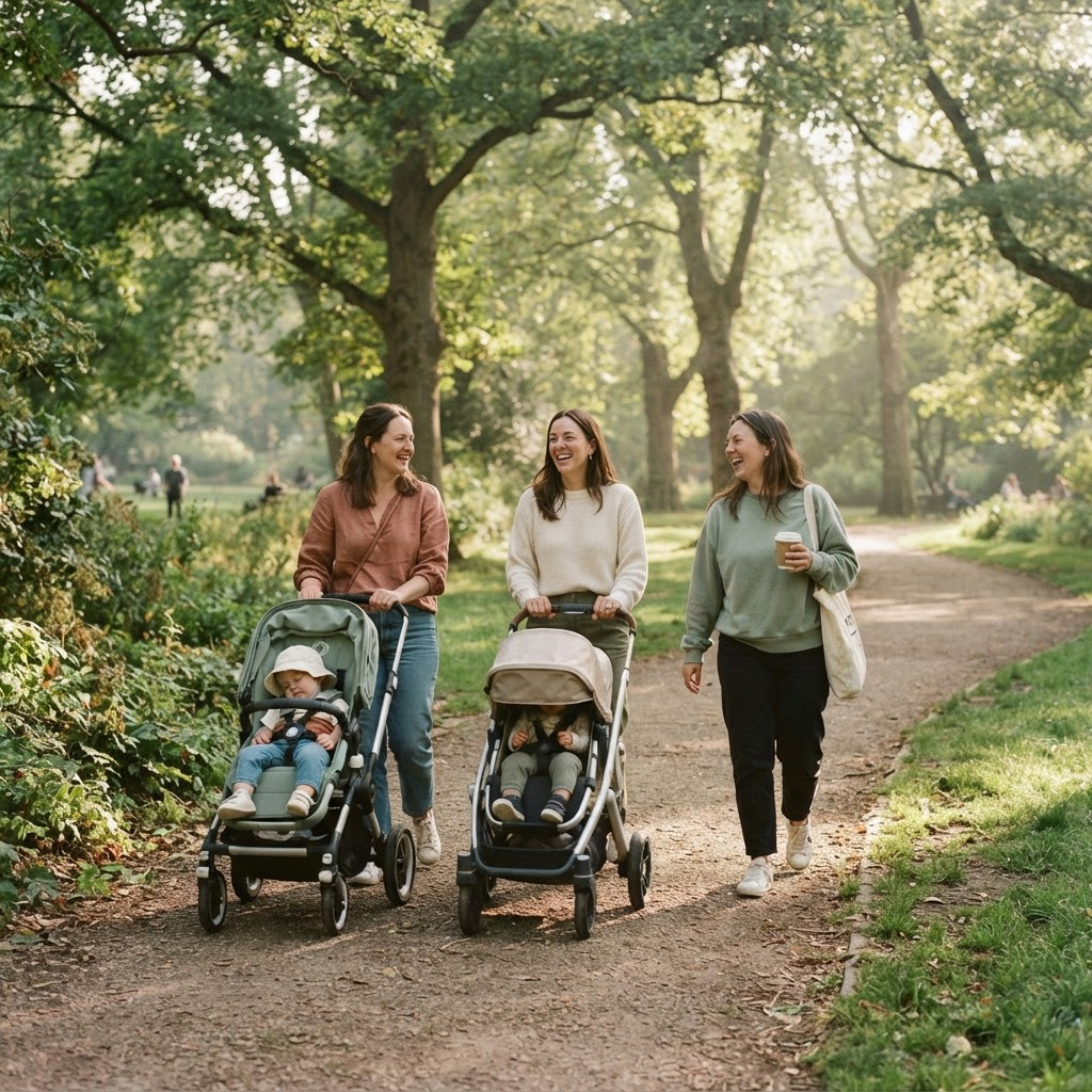 Madres paseando juntas por un parque